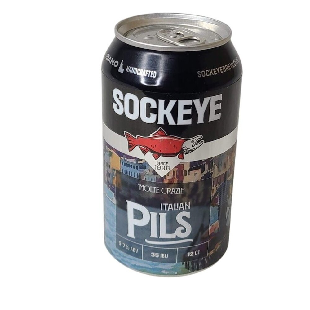 Sockeye Brewing Boise ID Molte Grazie Italian Pilsner Empty Beer Can Bottom Open